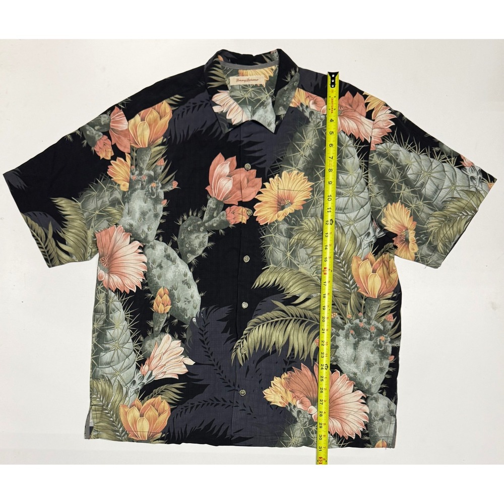 Tommy Bahama Mens XL Silk Cactus Flower Short Sleeve Button Down Shirt Black